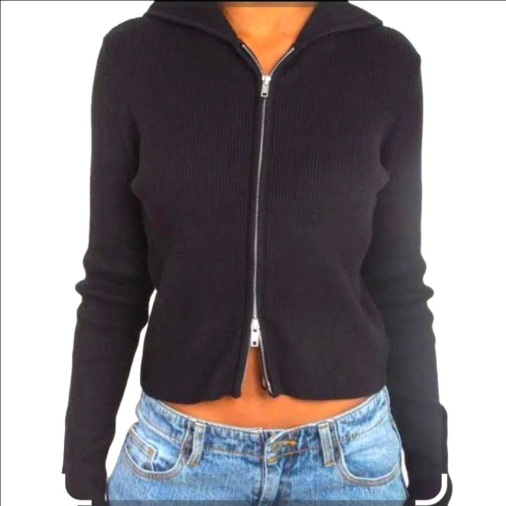 Brandy Melville Black Cotton Ribbed Knit Hooded Sweater Cropped Y2K Rachel